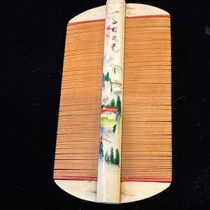 Vintage Bamboo and Bone Hand Fan With Painted Scenery and Calligraphy